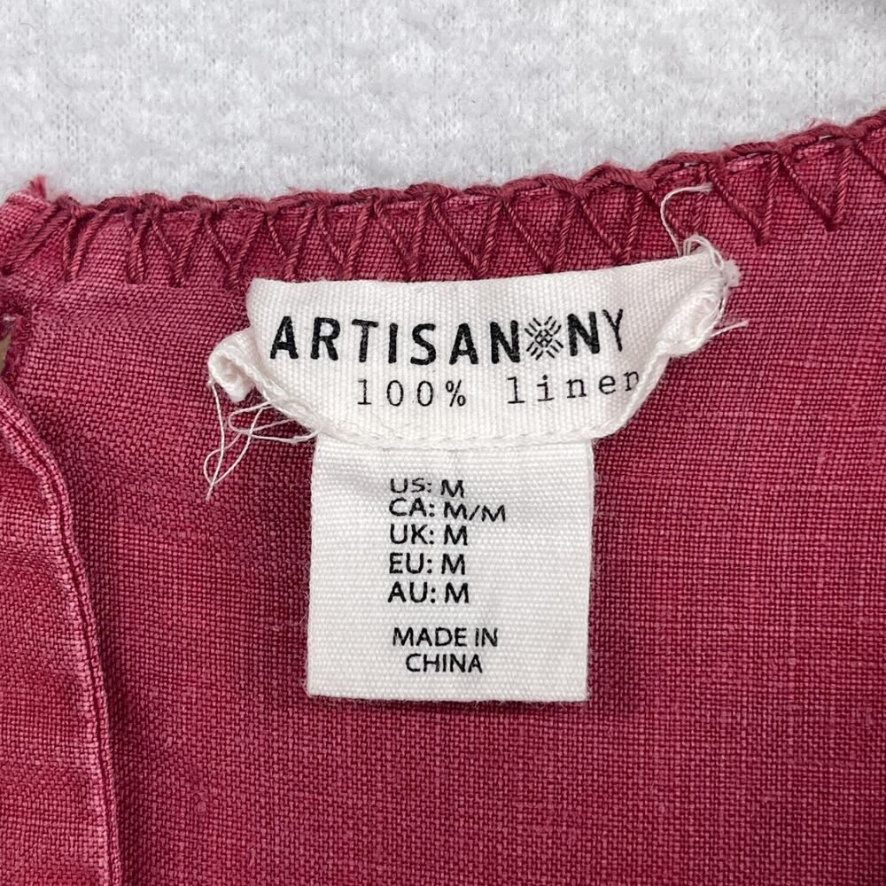 ARTISAN NY Dress M Linen Cross Stitch Embroidered Smocked Shift Tank Pink Red - Picture 5 of 11